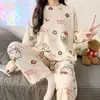 Novo Pulôver Inverno Outono Manga Longa Pijama Desenho Animado Doce Conjunto de Duas Peças Pijama de Fleece de Coral Roupas Quentes para Casa ins