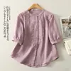 Elegante Blusa Feminina para Meia-Idade, Estilo Artístico de Luxo Leve, 2026 Blusa de Algodão e Linho de Manga Curta com Bordado, Caimento Solto, Tamanho Grande, Blusa de Estilo Fino