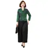 Calidad garantizada, elegante conjunto de dos piezas para mujer estilo mamá, estilo chino, cuello en V, abrigo de seda extragrande y pantalones estampados florales, nuevo para primavera/otoño