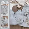Pijama Longo com Calça Longa e Manga Curta em Malha Canelada de Seda Gelada, com Bojo no Peito para Mulheres, Estilo Novo para Primavera, Outono, Verão, Roupa de Casa Fofa de Desenho Animado