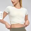 Playera Deportiva Ajustada de Manga Corta con Pliegues Cruzados Ropa de Yoga Slimming Look Sexy Ombliguera Top de Fitness para Pilates