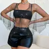 AYJ Conjunto Moderno Sexy de Dos Piezas para Mujer, Red de Pescador con Pedrería, Atuendo de Noche para Club