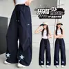 Calças Casuais Parachute Plissadas com Aplique de Estrela Estilo Americano para Meninas Unissex Verão Largas de Perna Reta Secagem Rápida Calças de Moletom Esportivas