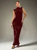 Vestido longo de malha sem mangas com gola alta, best-seller transfronteiriço europeu e americano, com detalhes de rosa flockado, design plissado transparente e um vestido maxi sexy para festa