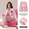 Pijama de algodón para mujer con copas en el pecho, mangas largas y pantalones, estilo primavera y otoño, cuello redondo, dulce y lindo, se puede usar para salir