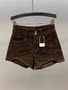 Shorts de Mezclilla Estilo Americano Estampado Leopardo Spice Girls para Mujer Verano Nuevo Cintura Alta Ajustado Adelgazante Línea A con Bolsillos en Cadera Pantalones Cortos