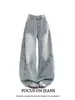 Jeans Scimitar Azul Claro Hip-Hop Retrô Americano para Mulheres, Calças Sickle Largas e Soltas Outono e Inverno, Calças Casuais de Comprimento Total