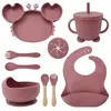 Juego de Alimentación para Bebé de Silicona de Grado Alimenticio de 9 Piezas, Plato con Ventosa de Cangrejo, Vaso Entrenador de Oso, Babero Impermeable, Kit Completo de Vajilla para Niños Pequeños Libre de BPA para Comer Solo