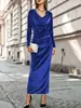 Vestido largo de terciopelo europeo y americano de alta gama con cuello fruncido, pliegues laterales en la cintura, manga larga ajustado para mujer