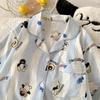 Pijama Feminino Estilo Coreano Verão Algodão Nuvem Pijama Feminino Manga Curta Desenho Animado Cardigã Lapela Estudante Roupa de Casa Conjunto Moderno