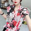 Camisa de gasa para mujer 2025 Camisa de verano Nueva moda Anudada Estampada Manga corta Estilo floral Talla grande Top