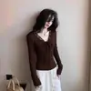 Camiseta Básica de Manga Larga con Escote en V y Adorno de Encaje Picante Estilo Americano para Mujer, Nuevo Top Interior Ajustado para Primavera, Otoño e Invierno