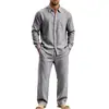 Conjunto de duas peças de linho masculino estilo americano para o outono de 2026, com camisa de manga longa e calça com cordão