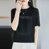 Camiseta de Punto de Seda Helada de Manga Corta para Mujer, Estilo Nuevo de Verano, Cuello Redondo, Huecos, Corte Holgado, Fresca y Elegante, Top Fino para Viajar