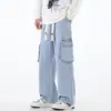 Jeans de Trabajo Color Gris Humo para Hombre, Nuevo Estilo Otoño 2025, Corte Holgado, Pantalones Rectos Largos hasta el Suelo, Pantalones con Bolsillos Múltiples