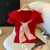 Talla Extra Camiseta de Manga Corta con Cuello de Chal Azul Marino, Empalme de Mangas Rayadas, Falso Dos Piezas, Nuevo Estilo de Verano para Mujer