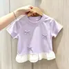 Camiseta de Manga Curta de Verão para Meninas Bebê Estilosa Personalidade Infantil Tendência Estilo Coreano Doce Renda Laço Top Feminino