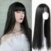Peruca feminina para cabelos médios e longos, estilo japonês Lolita Comic, franja natural, cabelo preto longo e liso, acessório completo para a cabeça.