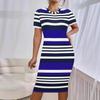 Vestido Estampado Listrado Mais Quente da Amazon para Comércio Exterior Europeu e Americano para Mulheres Moda Verão Sexy Gola Redonda Manga Curta Vestido para Mulheres