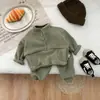 Conjunto Quente de Lã Dupla Face Infantil Estilo Outono/Inverno Sudadora com Gola Alta e Meio Botão Calça Jogger Conjunto Separado de Duas Peças