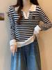 Suéter de cuello polo a rayas con borde cruzado, camisa interior de manga larga, novedad de otoño e invierno 2023, top adelgazante ajustado para mujer