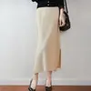 Falda de punto de lana pura para mujer con aberturas laterales, nuevo estilo otoño e invierno, cintura alta elástica, adelgazante, falda bodycon de línea recta