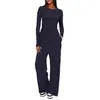 2025 Novo Produto Europeu e Americano Transfronteiriço Amazon Conjunto Casual de Cor Sólida Manga Longa Top Calça Wide Leg de Cintura Alta Roupa Esportiva