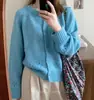 Cardigan Suéter Abrigo de Punto Suave de Manga Larga Jacquard Hueco Cuello Redondo Estilo Francés Suave para Mujer
