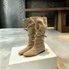 Versión de Piel de Vaca Aumento de Altura Interior Botas de Caballero para Mujer Botas Largas Plegadas Melard Hebilla de Cinturón de Dos Vías Botas Altas Botas de Tacón Western