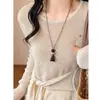 Colar com Pingente de Madeira Estilo Old Money para Mulheres, Novo Estilo Chinês de Verão Corrente Longa para Suéter Acessório Decorativo