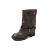 Botas de motocicleta femininas estilosas com fivela de cinto, bico redondo, salto grosso, botas da moda de cano médio, versáteis para todas as estações, botas estilosas de cano médio