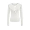 Camiseta de manga larga para mujer, estilo americano 2025, cuello Henry europeo y americano, hebilla, ligera, microtransparente, corte ajustado, top base interior