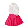 2025 Verão Novo Traje Feminino Amazon Europa e Estados Unidos Roupa Infantil Gola Lapela Sem Manga Saia Plissada Cor Vermelho Rosa