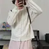 Cardigã suéter casual de tricô com ponto trançado, cor sólida, estilo coreano, casaco acinturado e solto para mulheres, blusa quente para outono e inverno