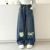 Jeans Estilo Coreano para Niñas Ropa de Primavera y Otoño Pantalones de Pierna Ancha con Estampado de Corazones para Niños Pantalones Largos de Mezclilla de Moda Sueltos para Niños Medianos y Grandes