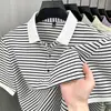 Camisa Polo Estilosa de Manga Curta para Verão para Homens Jovens e de Meia-Idade com Golas Listradas, Fresca, Respirável, Alta Elasticidade, Top Casual de Negócios