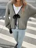 Suéter de Tricô Bloco de Cores Outono e Inverno Europeu e Americano Cardigã Solto de Manga Longa com Amarração Top Outerwear Estilo Preguiçoso