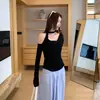 Camiseta feminina de manga longa estilo coreano com gola halter e decote drop, modelagem slim, novo top elegante estilo coreano para o outono, ideal para o trabalho.