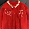 Suéter cárdigan con bordado de cachorro, lazo y botón de corazón para mujer, chaqueta de punto dulce y juvenil para adelgazar, otoño e invierno