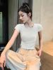 Camiseta Modal de Manga Corta para Mujer Verano Delgada Seda de Hielo Cuello Redondo Elástica Ajustada Color Sólido Top Manga Corta Camiseta con Mascarilla