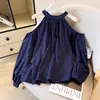 Blusa de alça curta estilo coreano para outono, doce e picante, ombro a ombro com gola halter e mangas compridas, jovem e versátil, top casual afina a silhueta