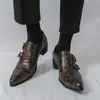 Sapatos Monge Brilhantes de Fivela Dupla Masculinos Bico Fino Salto Grosso Aumento de Altura Casuais de Couro Tendência Retro Britânica Sapatos Formais de Couro