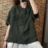 Camisa Top Casual Vintage de Manga Média de Algodão e Linho Soltinha Plus Size Cruzada do Sudeste Asiático Primavera e Outono