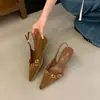 Sandalias de tacón alto de nicho francés para mujer, estilo coreano, primavera, estilo retro, hebilla, punta fina, boca poco profunda, tacón de cuña, espalda abierta, para mujer