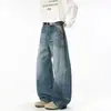 Roupas Masculinas Fengshe / Jeans Retro Americano Desgastado com Corte Curvo para Homens e Mulheres, Corte Reto Solto Tendência Casual Calças de Pernas Largas
