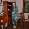 [Labios Rojos Verdes] Nuevo Conjunto de Ropa de Casa de Manga Larga con Estampado de Seda Simulada Fina de Seda Helada para Mujer de Primavera, Verano y Otoño