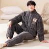 Pijama de inverno masculino, acolchoado de veludo de leite, cardigan de manga comprida com três camadas espessadas e zíper, roupa de casa de veludo jacquard simples