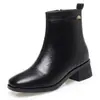 Botines de cuero suave con punta cuadrada para mujer, negros, tacón grueso, modernos, versátiles, suela suave, cremallera trasera, zapatos para madres de mediana edad, botines de moda