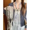 Lenço-Colar Longo de Seda Floral com Contas Estilo Chinês Vintage Novo para Mulheres, Decoração de Lenço de Pescoço Artístico de Alta Qualidade para Puxar