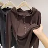 Camiseta básica quente de veludo dupla face super macia e encerada com capuz e mangas compridas forrada de fleece, nova para outono e inverno, estilo western, blusa pequena versátil
